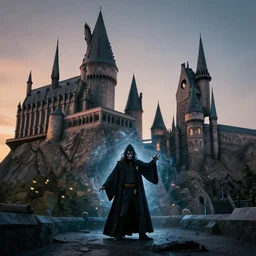 ruins of a harry potter universe castle in the evening. a wizard with a dark vibe stands there and summons a portal that would take me back home.