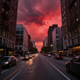 photorealistic image of city street with red storm above, first person view