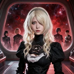 highly detailed portrait of a young Plejaden woman with wavy blonde hair in a retro spaceship with large windows, by Dustin Nguyen, Akihiko Yoshida, Greg Tocchini, Greg Rutkowski, Cliff Chiang, 4k resolution, nier:automata inspired, bravely default inspired, vibrant but dreary red, black and white color scheme!!! ((Space nebula background))