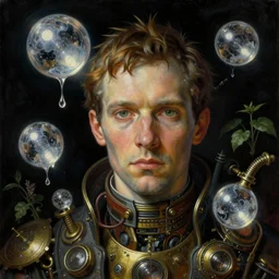 a close - up dark portrait painting of a steampunk scientist with floating orbs covered in liquid chrome mercury. botanic, futuristic atmosphere, black background. highly detailed science - fiction painting by norman rockwell, moebius, frank frazetta, and syd mead. rich colors, high contrast. artstation