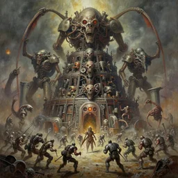 oil paint of 1 1 machines as flayed genetic whip gods in tiers, colossal medical gangrene machines in tiers, dethroning / we machines / melee, battle pit, by shigeru komatsuzaki, wayne d barlowe, stefano tamburini, ember light, muted colors, epic, hyper detailed, awe inspiring, award winning horror, narrative lighting, hyper realism,