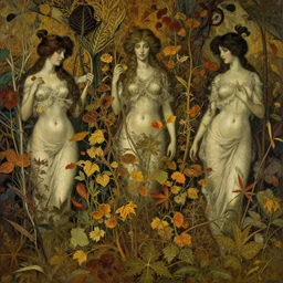 breathtaking detailed concept art painting of goddesses of autumn by edmund dulac, vintage illustration pattern with bizarre compositions blend of plants and stems and leaves by john howe, exquisite detail, extremely moody lighting, 8 k