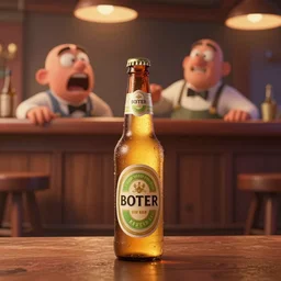 a anthropomorphic bottle of beer standsin front of a bar yelling at the bar tender, pixar
