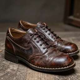 a photo of a ancient medieval leather nike shoes, 4 k, ƒ / 8, focal length : 5 0 mm, hyper detailed