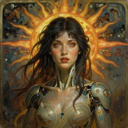 stunning, breathtaking, awe-inspiring award-winning concept art nouveau painting of attractive Ashley Liao, as Linnea Quigley's character Trash from The Return of the Living Dead, as a cyborg as the goddess of the sun, with anxious, piercing eyes, by Alphonse Mucha, Michael Whelan, William Adolphe Bouguereau, John Williams Waterhouse, and Donato Giancola, cyberpunk, extremely moody lighting, glowing light and shadow, atmospheric, cinematic, 8K