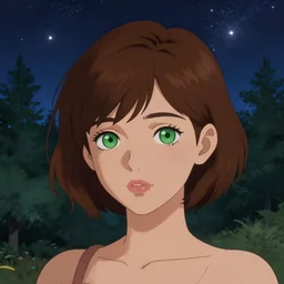 an hd portrait photo of a cute young woman with short brown hair and green eyes, beautiful trees in the background, night sky with stars and galaxies, trending on artstation