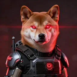 wearing tactical armor, scifi cyborg, anthropomorphic shiba inu, portrait, laser eyes, masterpiece, glowing red neon, by aleksi briclot, realistic face