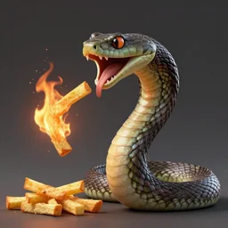 of asnake spitting fire revealing fries, 3D render, 4k sharp, digital artwork, 3d,
