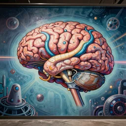 surreal science fiction mural of a brain having a mind-blowing realization design by Seth McMahon,