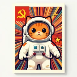 astronaut orange cat, communist poster, op art