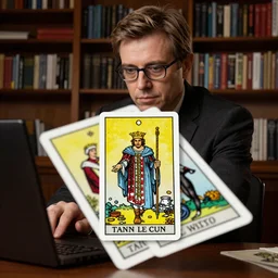 Yann LeCun at his computer on a tarot card, illustrated on the Rider–Waite tarot.