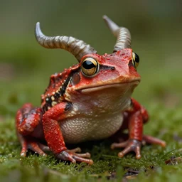 demon red frog with horn on this head, fantasy, by greg rutkowski, artstation, chimerical, national - geographic, ultra detailed, macro photography