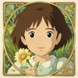 well - lit art nouveau face portrait of a 1 3 - year old girl wih resembles natalie portman and emily browning holding a flower, natural lighting, path traced, highly detailed, high quality, cartoon, digital painting, by don bluth and ross tran and studio ghibli