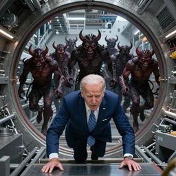 Joe BIDEN crawling out of The Large Hadron Collider at cern with a bunch of demons behind him 4k ultra high quality surrealism
