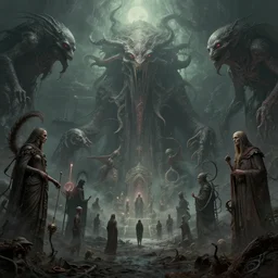 a highly detailed matte painting of lovecraftian cosmic horror scenery filled with eldritch creatures and beasts and cultists, by artgerm, by greg rutkowski, volumetric lighting, octane render, 4 k resolution, trending on artstation, masterpiece