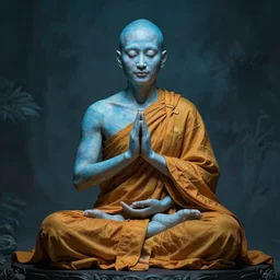 monk meditating, highly detailed, bioluminescent skin, symmetric, trance, awe, award-winning art by Tom Bagshaw