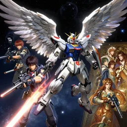 highly detailed vfx portrait of an angel wings gundam with wings of feathers beam saber fighting in space with a beam gun, unreal engine, greg rutkowski, loish, rhads, beeple, makoto shinkai and lois van baarle, ilya kuvshinov, rossdraws, tom bagshaw, alphonse mucha, global illumination, detailed and intricate environment