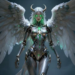 mystical mechanical angel from league of legends, au naturel, hyper detailed, glowing green eyes, digital art, trending in artstation, cinematic lighting, studio quality, smooth render, unreal engine 5 rendered, octane rendered, art style by klimt and nixeu and ian sprigger and wlop and krenz cushart