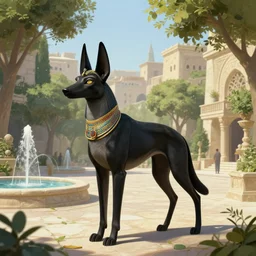 full body photo of anthropomorphic black egyptian jackal in a beautiful limestone city plaza, lush trees, water fountains, deep focus, highly detailed, digital painting, artstation, concept art, matte, sharp focus, illustration, art by artgerm and greg rutkowski and alphonse mucha