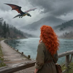 a realistic digital painting of a woman with curly long redhair standing in a boardwalk besides a river looking at a dragon flying out of the mountains in a fog during a thunderous weather. Trending on ArtStation