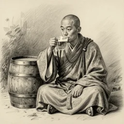 pencil sketch of a pleased monk sipping mead next to a barrel