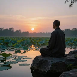a zen master quietly sitting in a rock garden overlooking a pond of lilly pads during a sublime sunrise, one sun, his dark silhouette completely obscured by bokeh, colorful masterpiece photography,
