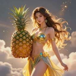 a beautiful female goddess of pineapples character, character is in all its glory, character is in her natural relaxed pose, rim lights, particles and dust in the air, fancy clouds, highly detailed professional photo, dynamic lights, particles are flying, depth of field, trending on artstation, illustration, hyper realistic, vray caustics, super detailed, colorful accents, cinematic shot