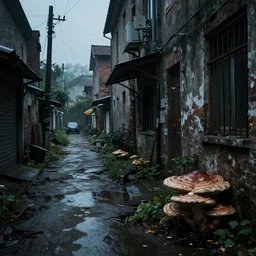 dark, dingy, wet, cramped, rural city, street run down, overgrown with large fungus, 4k, high detail