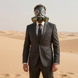 man in a suit and wearing a gas mask standing in a desert wasteland background, dreary, smooth, beautifully detailed, sharp focus, cinematic lighting, unreal render, digital art, concept art, by alena aenami