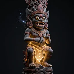 barong the balinese demon glowing on an indigenous totem pole with magical fairy dust against a dark background. whimsical fantasy art. highly detailed digital art. high contrast. sharp focus. trending on artstation
