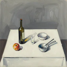 minimal in the style of ivon hitchins. still life on a table. drawing on painting, brush marks. expressive abstraction.. in the style of john craxton, similar aesthetics to. dali. ben nicholson picasso