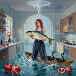 tall emo female artist holding a large fish in her flooded kitchen, pomegranates, octopus, water gushing from ceiling, painting of flood waters inside an artist's apartment, a river flooding indoors, ikebana, zen, rapids, waterfall, black swans, canoe, berries, acrylic on canvas, surrealist, by magritte and monet