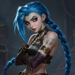 a League of Legends FAN ART of JINX , blue hair, long pigtail, crazy,neuroticism,intricate, elegant, highly detailed, digital painting, concept art, smooth, sharp focus, illustration, by travis charesyt, michael kaluta, michael whelan and bill sienkiewicz, dark sci-fantasy,,artstation,deviantart,Unreal Engine,face enhance,8K,golden ratio,cinematic lighting