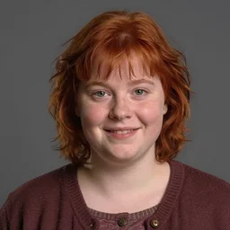 portrait smiling of short and plump 5 0 - year - old woman with red hair and, kind face, round face, short hair, molly weasley, wearing in cardigan, hyper realistic face, beautiful eyes, character art, art by mark brooks, hyperdetailed, cryengine, trending on artstation, digital art