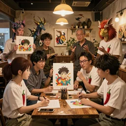 photorealistic anime italian cafe full of talking godlike artists showing off their art, different ethnicities, masterpiece, award - winning, vfx, intricate animal people by hiyao miyazaki wearing chili peppers on their shirts, rim lighting