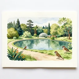 isomeric view, delicate lake in a botanic garden, road, sparrows, on a botanical herbarium paper, watercolor colored painting, iridescent colors, 8 k, realistic shaded, fine details, artstation, italian style, colonnade, vines, grapes, flowers, gardena architecture, romans