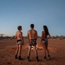 portrait of three ravers photographed from behind, talking around a fire, photorealistic, dancefloor kismet, diverse costumes, clean composition, desert transition area, bonfire, night, australian desert, xf iq 4, symmetry, sony a 7 r, 1 5 0 mp, 5 0 mm