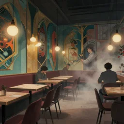 illustrated cafe interior, colorful, modern art deco, mads berg, karolis strautniekas, christopher balaskas, stippled light, fog, moody, fine texture, editorial illustration, dramatic lighting, dynamic composition, detailed, matte print, dynamic perspective, muted color, anime visual