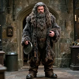 a long shot still from harry potter half blood prince depicting hagrid : a man twice as tall as a normal man and at least five times as wide. he looked simply too big and so wild long tangles of bushy black hair and beard hide most of his face, hands the size of trash can lids, and his feet in their leather boots were enormous - n 4