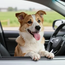a photorealistic dog with it's tongue out, driving a car in the country