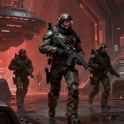 concept art by greg rutkowski, soldiers in futuristic tactical gear, running around the outside of a space colony, futuristic, brutalistic environment, scifi, detailed and intricate environment, reddish lighting, stressful atmosphere, high technology, highly detailed portrait, digital painting, artstation, concept art, smooth, sharp foccus ilustration, artstation hq.
