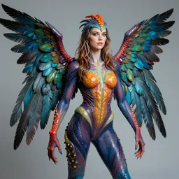 a portrait photograph of julia stiles as a colorful harpy super hero with slimy reptile skin. she is trying on a amphibian organic wetsuit and transforming into a feathered alien beast. by tom bagshaw, donato giancola, hans holbein, walton ford, gaston bussiere, peter mohrbacher and brian froud. 8 k, cgsociety