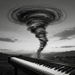 A tornado made of piano keys by Salvador Dali, black and white color palette, dusk