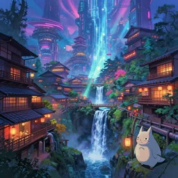 a beautiful japanese city in the mountain, amazing ryokans and edo era houses, waterfall, yokai characters. epic cyberpunk. visible pipes, lanterns, lofi vibe, vivide colors, amazing light, light beams with dust, mesmerizing nature, by jeremy lipkin, by claude monet, by makoto shinkai, futuristic city, inspired by ghibli, masterpiece