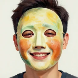 portrait painting of a man wearing an organic mask who is smiling, while he himself is crying. fine art, trending on artstation, smooth draw, sharp focus, digital art, bright colors, no anomaly.