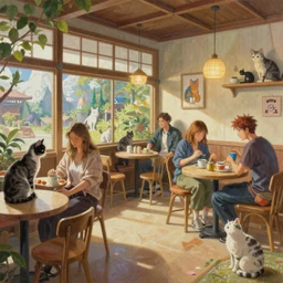 a mixed media painting of the interior of an aesthetic japanese cat cafe, cats everywhere, by simon stalenhag, frank frazetta, greg rutkowski, beeple, yoko taro, christian macnevin, beeple, wlop and krenz cushart, epic fantasy character art, volumetric outdoor lighting, midday, high fantasy, cgsociety, cheerful colours, full length, exquisite detail, post - processing, masterpiece, cinematic