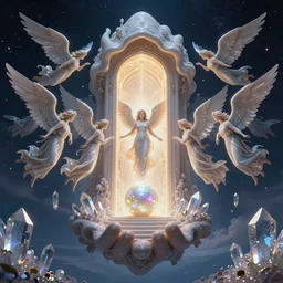 a symmetrical!!! delicate mtg illustration by charles vess of a flock of radiant seraphim emerging from the glowing doorway of a massive vulva - shaped temple made of smooth organic architecture and floating in the astral plane and constructed of house - sized crystals and a bulb of the vestibule made of iridescent pearl