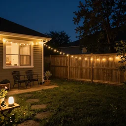 a still photo of a backyard at night with fairy lights, house on the left side, warm lighting, tumblr aesthetic