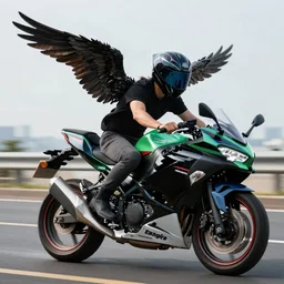 A man with wings riding a motorcycle Kawasaki ninja 400