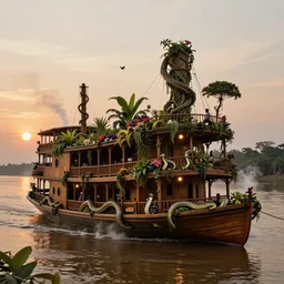 A wooden, beautiful 1880's steamboat overgrown with intricate vines, flowers, snakes, anacondas and exotic vegetation floating down on the Amazon river. Faint lights from inside the ship. Steam. Birds circulating. The boat looks like an island. Ecosystem. Photo by Roger Deakins. Photorealistic. Sunset. Volumetric lights. Mist. hyper-maximalistic, with high detail, cinematic, 8k resolution, beautiful detail, insanely complex details.